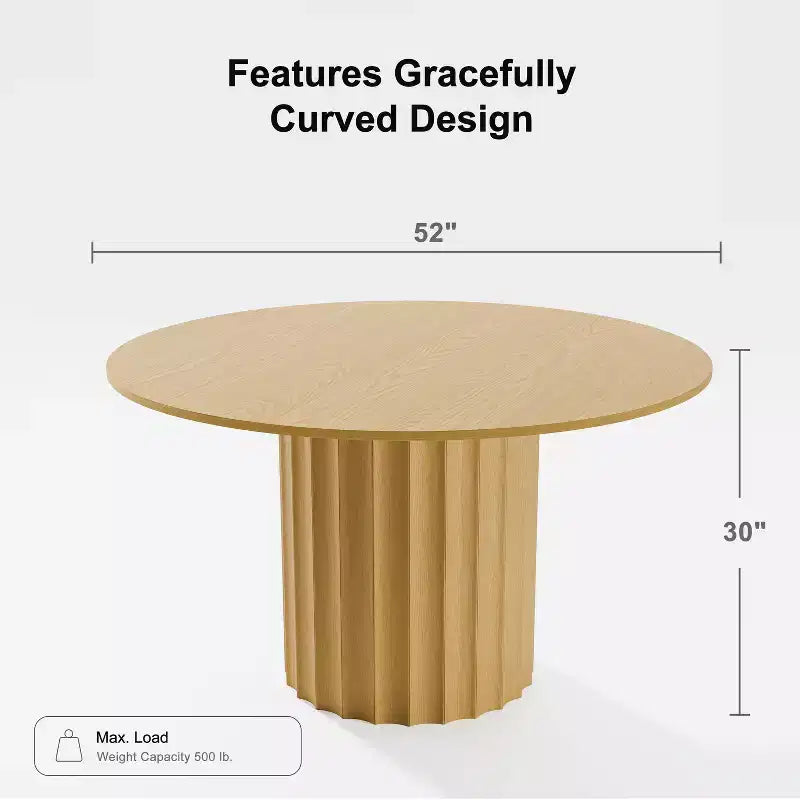 PexFix 52 Table à manger ronde en bois massif, table de cuisine pour 4 à 6 personnes avec plateau et base cylindrique cannelée pour salon/salle à manger, café, bureau, couleur naturelle