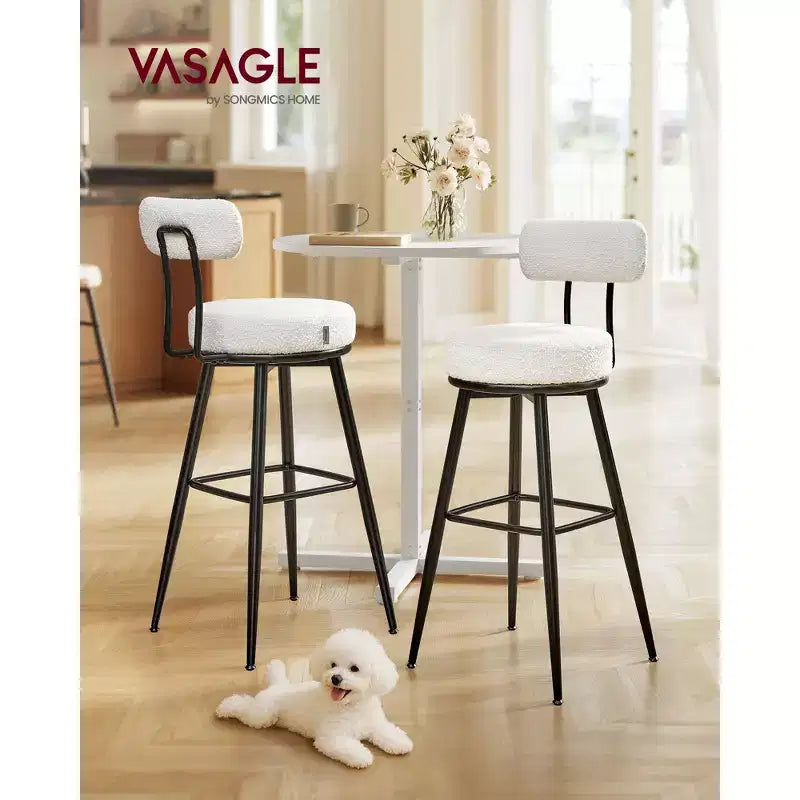 Lot de 2 tabourets de bar pivotants modernes en tissu bouclé, rotation à 360°, assise large, tabourets de bar de 76,5 cm de hauteur avec dossier, blanc nuage