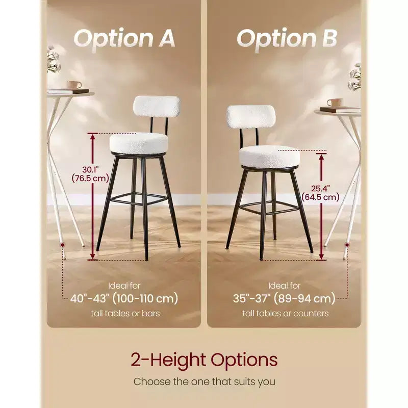 Lot de 2 tabourets de bar pivotants modernes en tissu bouclé, rotation à 360°, assise large, tabourets de bar de 76,5 cm de hauteur avec dossier, blanc nuage