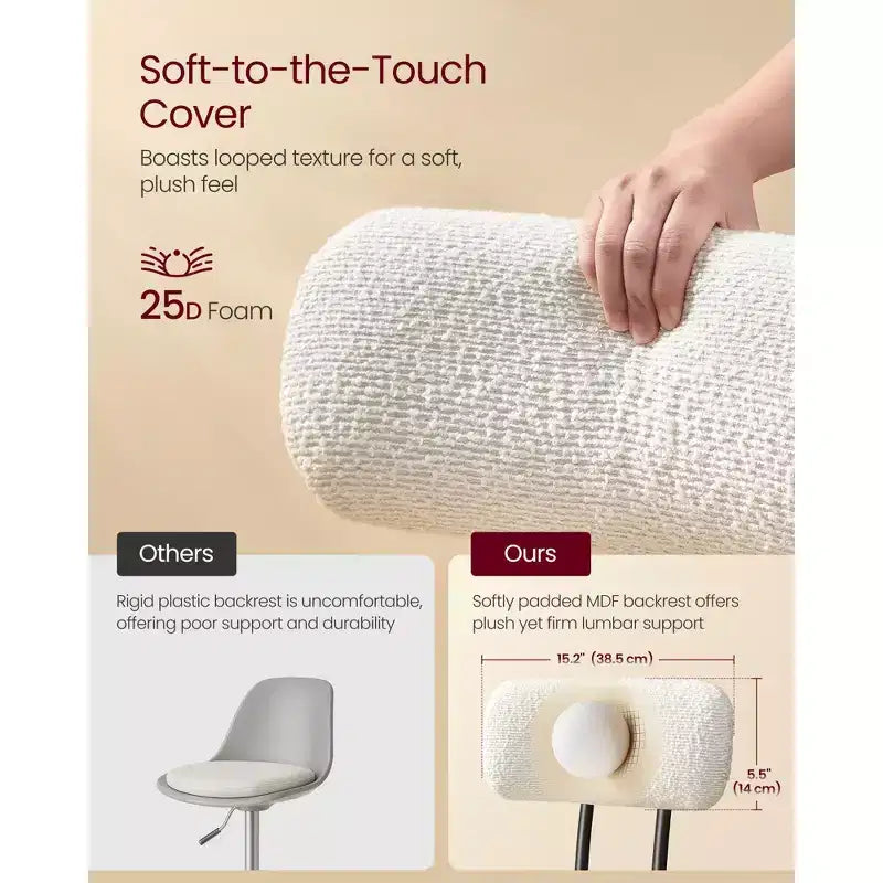 Lot de 2 tabourets de bar pivotants modernes en tissu bouclé, rotation à 360°, assise large, tabourets de bar de 76,5 cm de hauteur avec dossier, blanc nuage