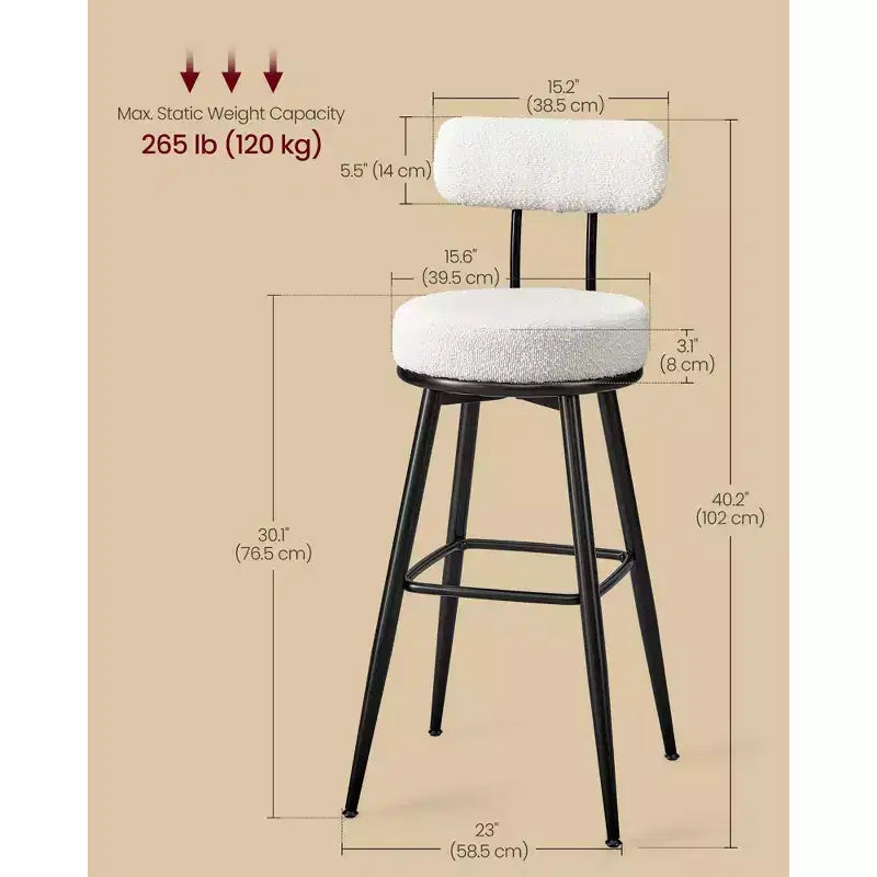 Lot de 2 tabourets de bar pivotants modernes en tissu bouclé, rotation à 360°, assise large, tabourets de bar de 76,5 cm de hauteur avec dossier, blanc nuage