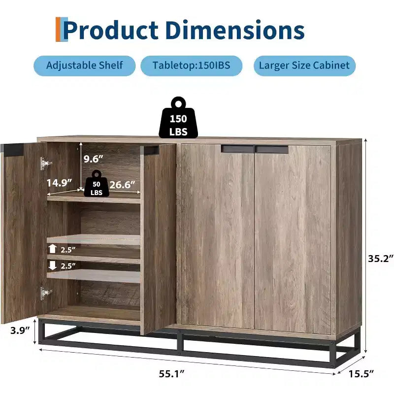 Buffet moderne de 55" – Meuble de rangement de cuisine avec 4 portes et étagères réglables pour la salle à manger