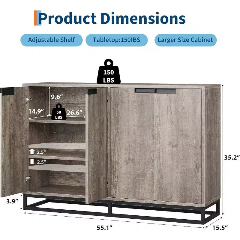 Buffet moderne de 55" – Meuble de rangement de cuisine avec 4 portes et étagères réglables pour la salle à manger