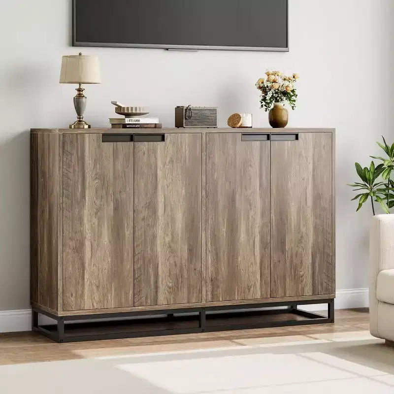 55 Modern Buffet Sideboard - Kitchen Storage Cabinet with 4 Doors & Adjustable Shelves for Dining Room