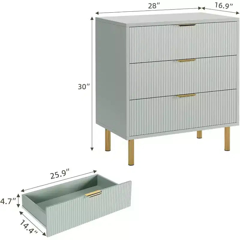 Commode moderne à 3 tiroirs COZONY pour chambre à coucher, verte avec poignées dorées, organisateur de rangement pour salon, couloir, entrée