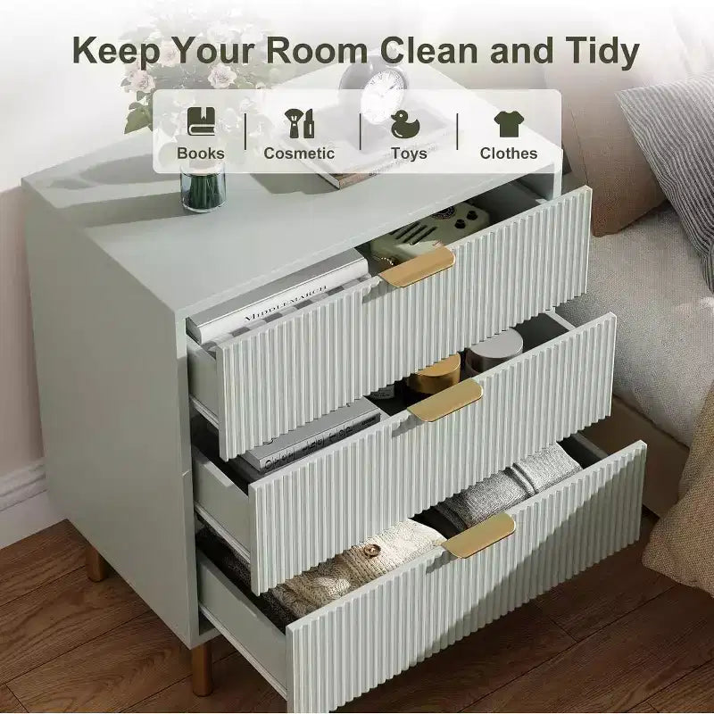 Commode moderne à 3 tiroirs COZONY pour chambre à coucher, verte avec poignées dorées, organisateur de rangement pour salon, couloir, entrée