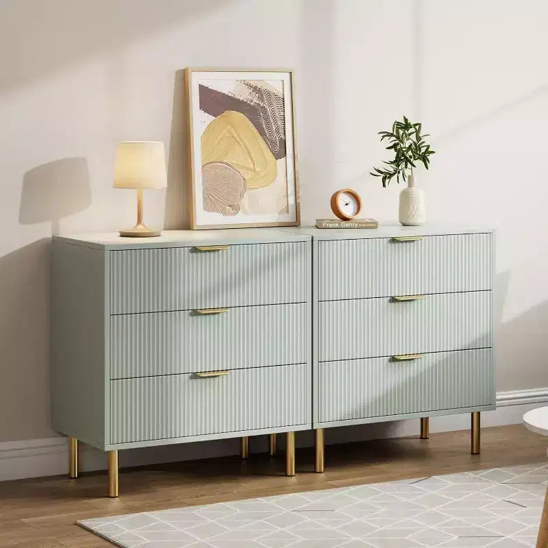Commode moderne à 3 tiroirs COZONY pour chambre à coucher, verte avec poignées dorées, organisateur de rangement pour salon, couloir, entrée