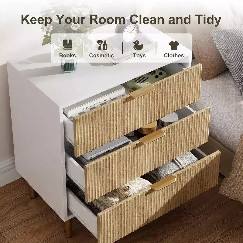 Commode moderne à 3 tiroirs COZONY pour chambre à coucher, verte avec poignées dorées, organisateur de rangement pour salon, couloir, entrée