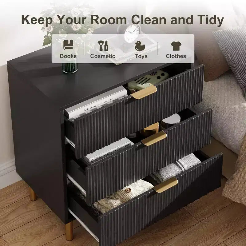 Commode moderne à 3 tiroirs COZONY pour chambre à coucher, verte avec poignées dorées, organisateur de rangement pour salon, couloir, entrée