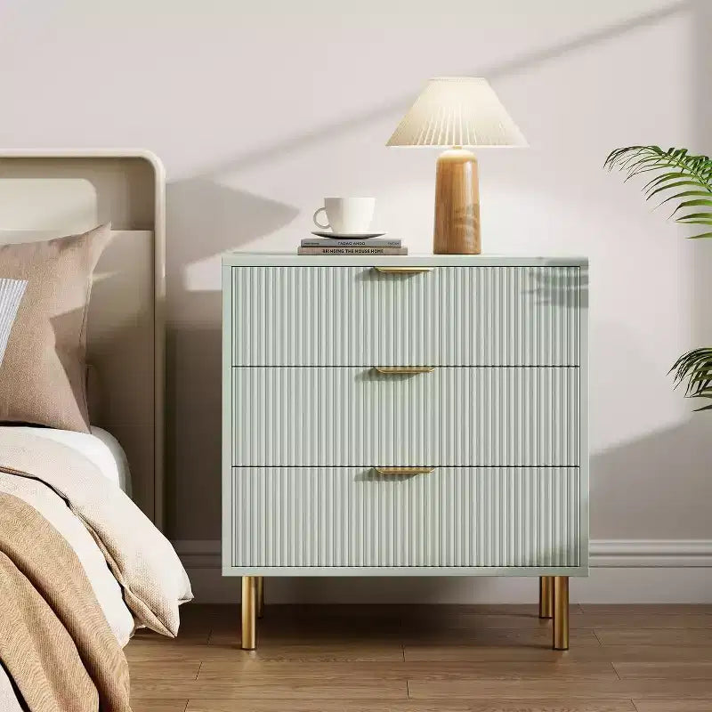 Commode moderne à 3 tiroirs COZONY pour chambre à coucher, verte avec poignées dorées, organisateur de rangement pour salon, couloir, entrée