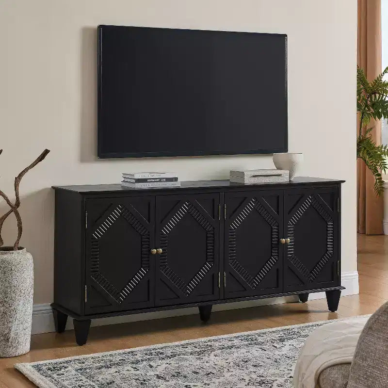 Buffet de salle à manger moderne du milieu du siècle de 65,2 pouces avec rangement, meuble de bar à café et à vin avec accent géométrique pour salon ou cuisine