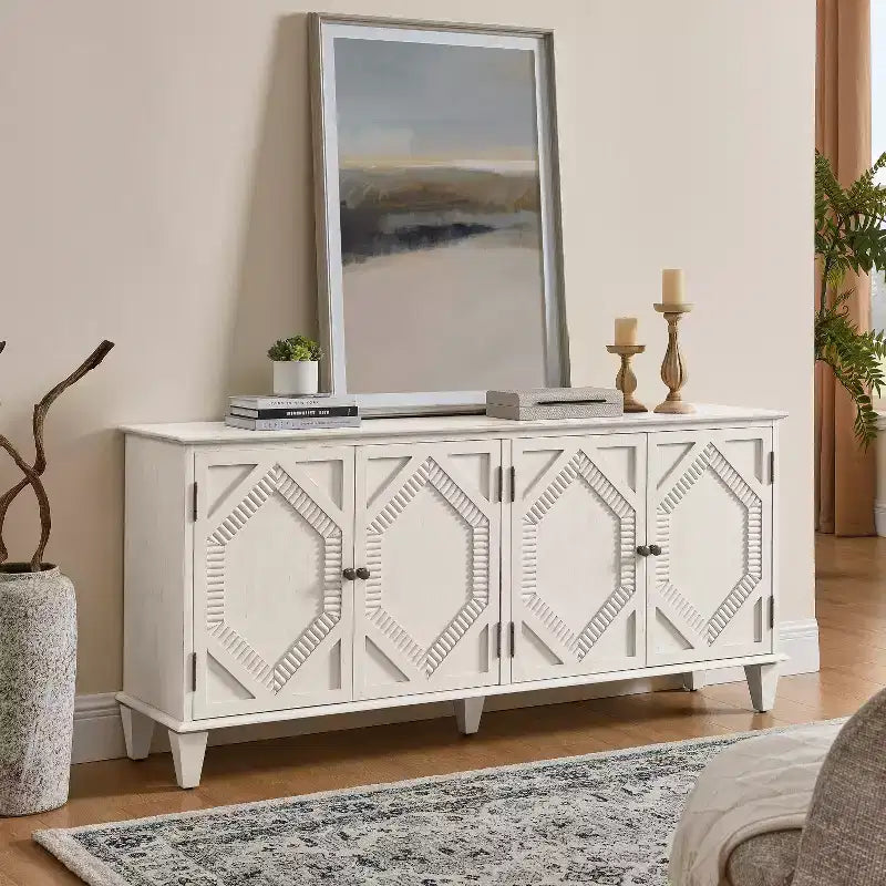 65.2-Inch Mid-Century Modern Sideboard Buffet Cabinet with Storage, Geometric Accent Coffee Bar Wine Cabinet for Living Room or Kitchen