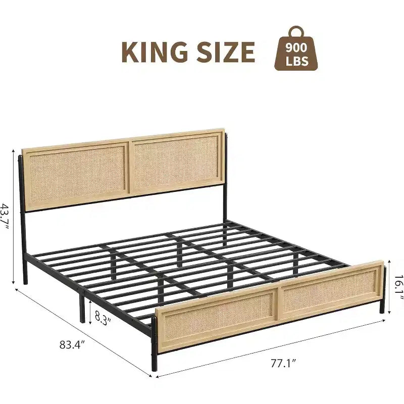 Cadre de lit King Size avec tête et pied de lit en rotin, lit plateforme bohème en bois, ne nécessite pas de sommier à ressorts, silencieux