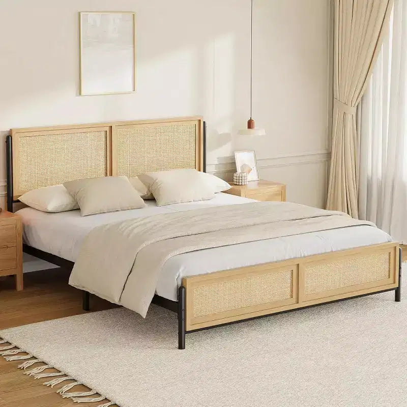 Cadre de lit King Size avec tête et pied de lit en rotin, lit plateforme bohème en bois, ne nécessite pas de sommier à ressorts, silencieux