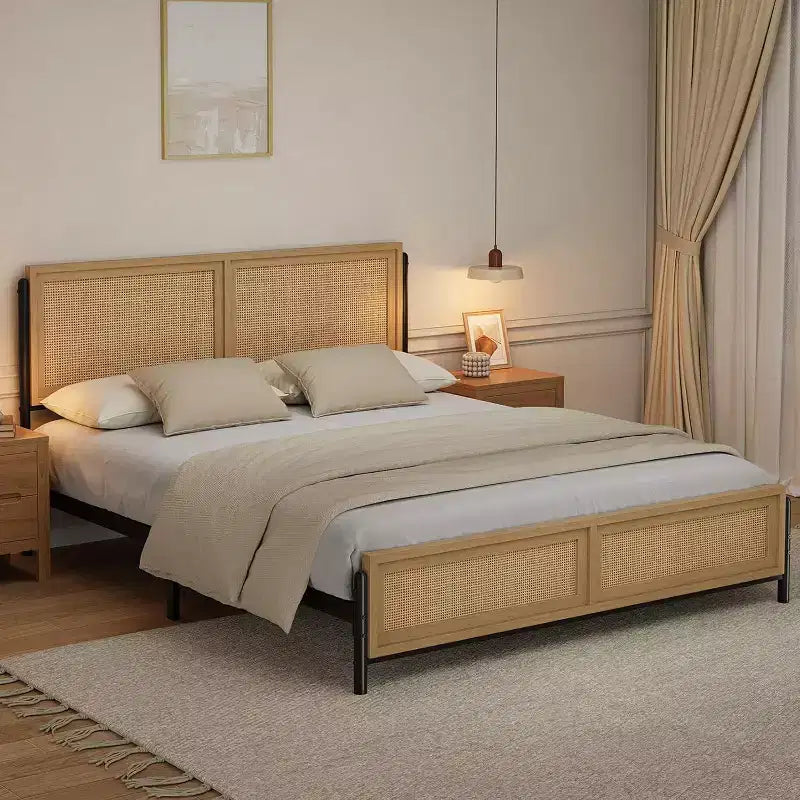 Cadre de lit King Size avec tête et pied de lit en rotin, lit plateforme bohème en bois, ne nécessite pas de sommier à ressorts, silencieux