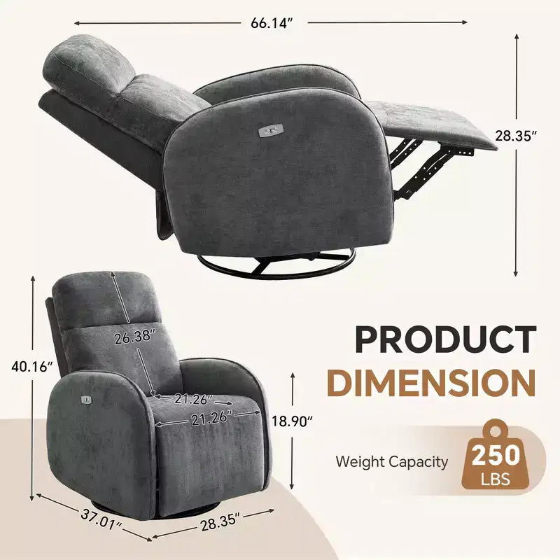 Fauteuil inclinable motorisé Hyleory Chenille 3 positions pivotant avec USB et bande lumineuse à induction pour le salon (Lot de 2)