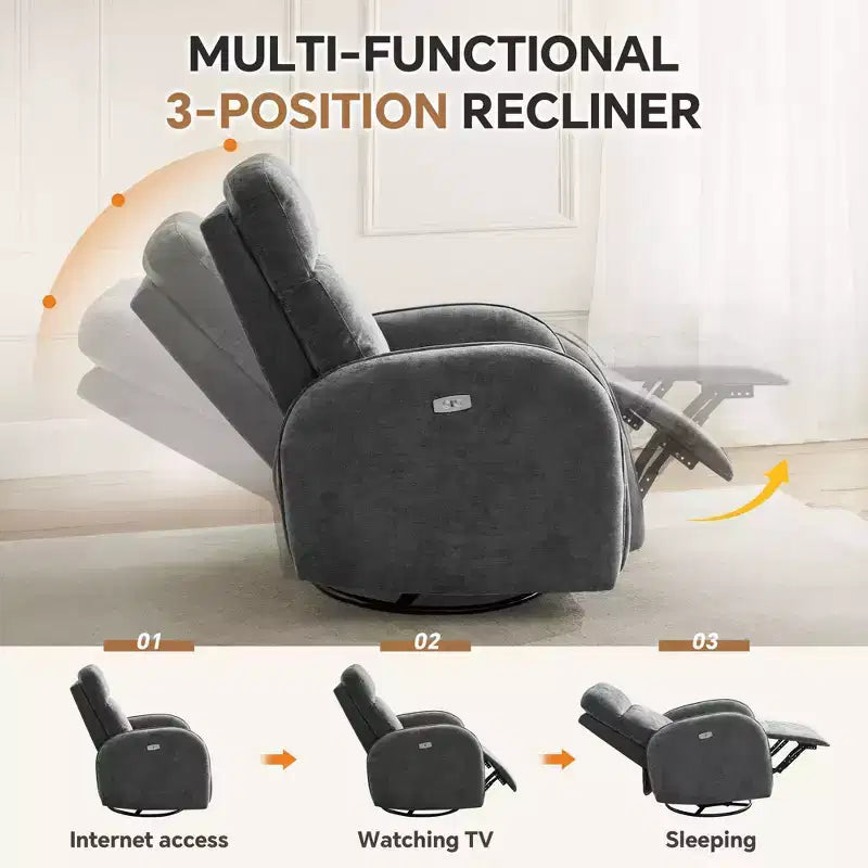Fauteuil inclinable motorisé Hyleory Chenille 3 positions pivotant avec USB et bande lumineuse à induction pour le salon (Lot de 2)