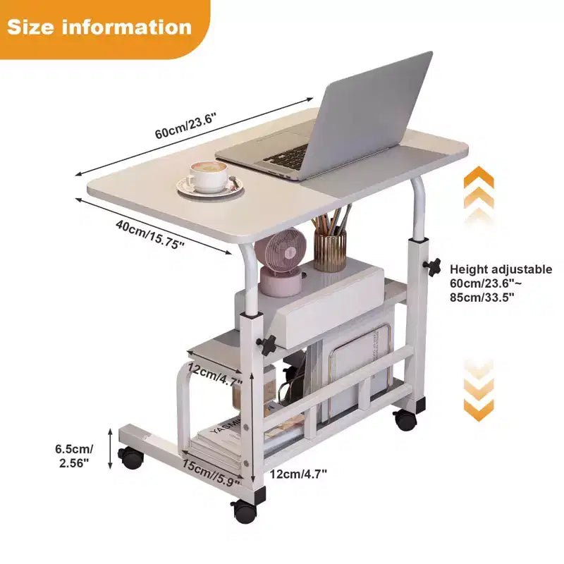 Bureau roulant portable COZONY avec hauteur réglable, bureau d'ordinateur mobile avec étagères de rangement pour la maison, le bureau et les petits espaces
