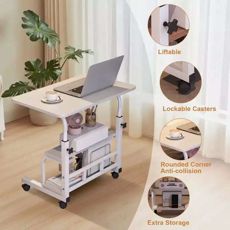 Bureau roulant portable COZONY avec hauteur réglable, bureau d'ordinateur mobile avec étagères de rangement pour la maison, le bureau et les petits espaces