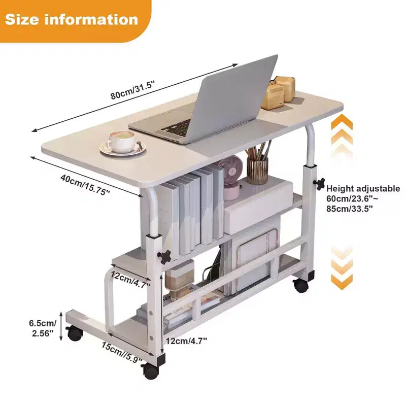 Bureau roulant portable COZONY avec hauteur réglable, bureau d'ordinateur mobile avec étagères de rangement pour la maison, le bureau et les petits espaces