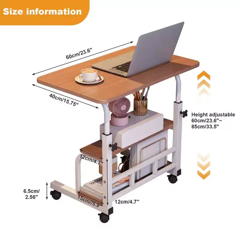 Bureau roulant portable COZONY avec hauteur réglable, bureau d'ordinateur mobile avec étagères de rangement pour la maison, le bureau et les petits espaces