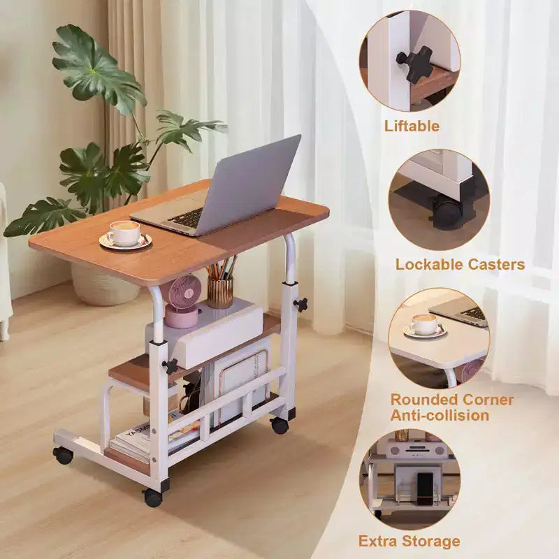 Bureau roulant portable COZONY avec hauteur réglable, bureau d'ordinateur mobile avec étagères de rangement pour la maison, le bureau et les petits espaces