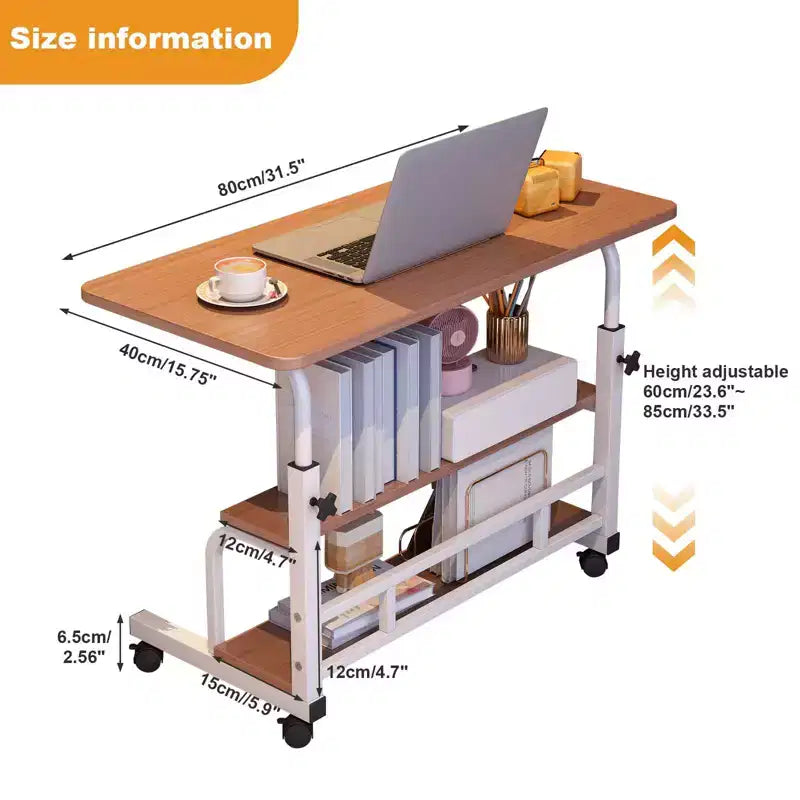 Bureau roulant portable COZONY avec hauteur réglable, bureau d'ordinateur mobile avec étagères de rangement pour la maison, le bureau et les petits espaces