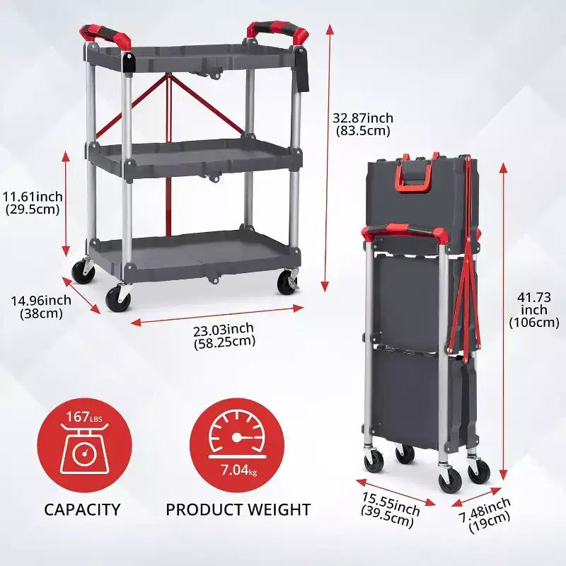 COZONY Chariot de service pliant à 3 niveaux, chariot utilitaire portable pliable avec roues, capacité de charge de 70 kg, robuste pour garage et atelier, gris
