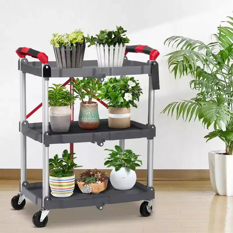 COZONY Chariot de service pliant à 3 niveaux, chariot utilitaire portable pliable avec roues, capacité de charge de 70 kg, robuste pour garage et atelier, gris