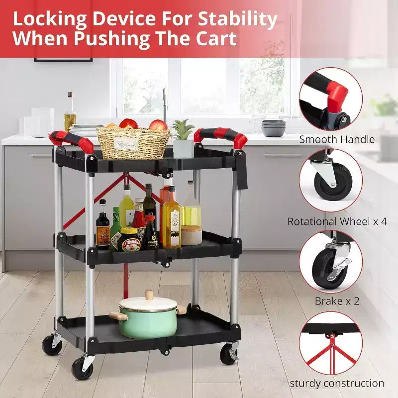 COZONY Chariot de service pliant à 3 niveaux, chariot utilitaire portable pliable avec roues, capacité de charge de 70 kg, robuste pour garage et atelier, gris