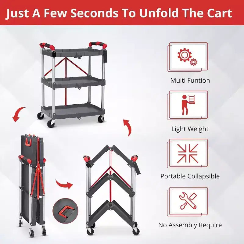 COZONY Chariot de service pliant à 3 niveaux, chariot utilitaire portable pliable avec roues, capacité de charge de 70 kg, robuste pour garage et atelier, gris