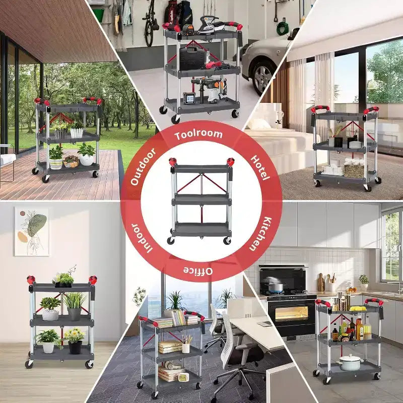 COZONY Chariot de service pliant à 3 niveaux, chariot utilitaire portable pliable avec roues, capacité de charge de 70 kg, robuste pour garage et atelier, gris