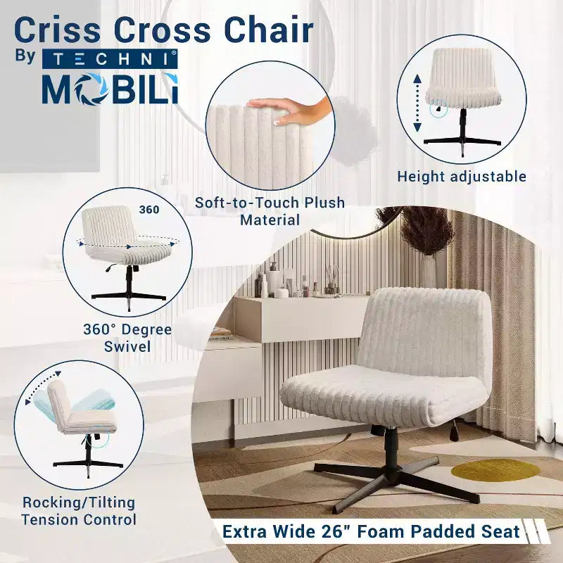 Okak Chaise de bureau en peluche à dossier croisé, réglable en hauteur, avec assise extra large, chaise confortable pour la maison et le bureau, blanc