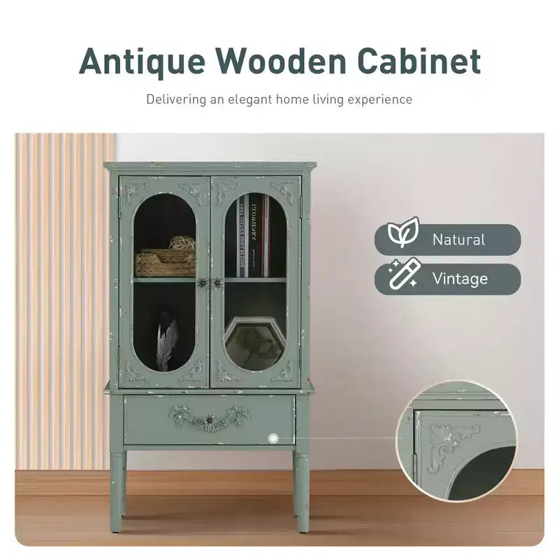 Captiva Designs Buffet bahut à accents vert menthe antique avec 2 portes vitrées et 1 tiroir pour cuisine salle à manger