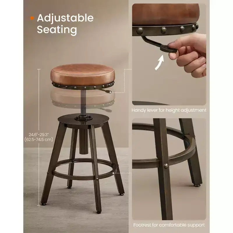 Lot de 2 tabourets de bar Steampunk à hauteur réglable et siège pivotant, tabourets de comptoir de 62,5-74,4 cm avec repose-pieds, style industriel vintage