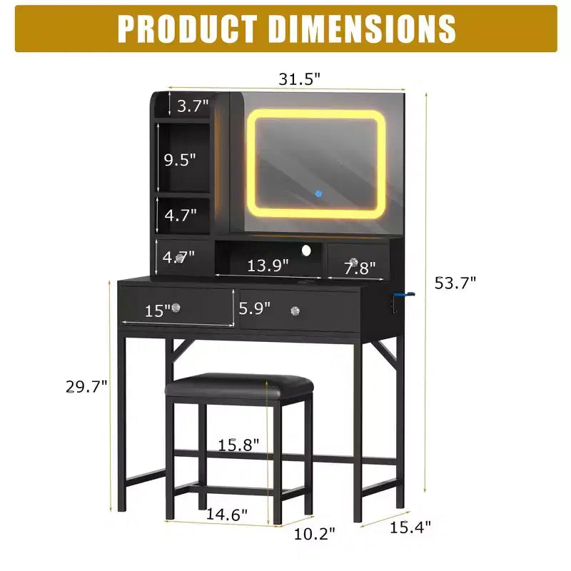 Coiffeuse miroir avec éclairage réglable sur trois niveaux Coiffeuse moderne avec quatre tiroirs