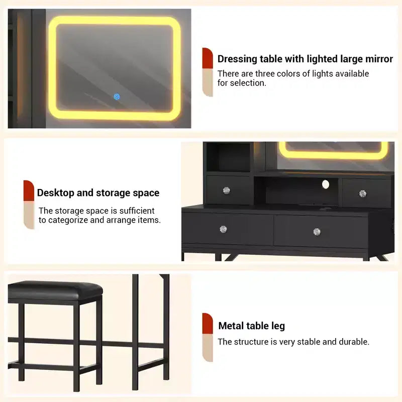 Coiffeuse miroir avec éclairage réglable sur trois niveaux Coiffeuse moderne avec quatre tiroirs