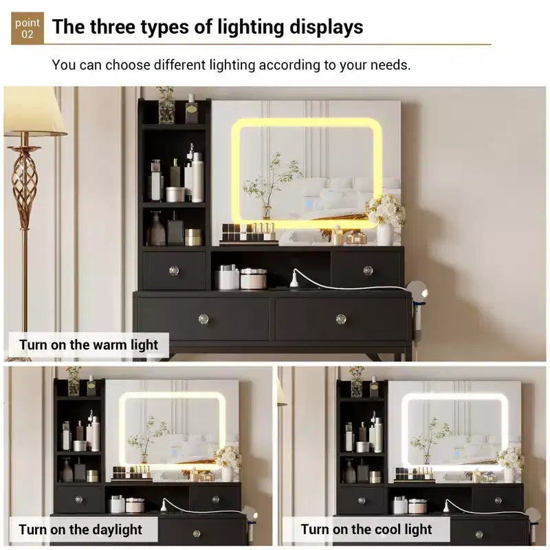 Coiffeuse miroir avec éclairage réglable sur trois niveaux Coiffeuse moderne avec quatre tiroirs