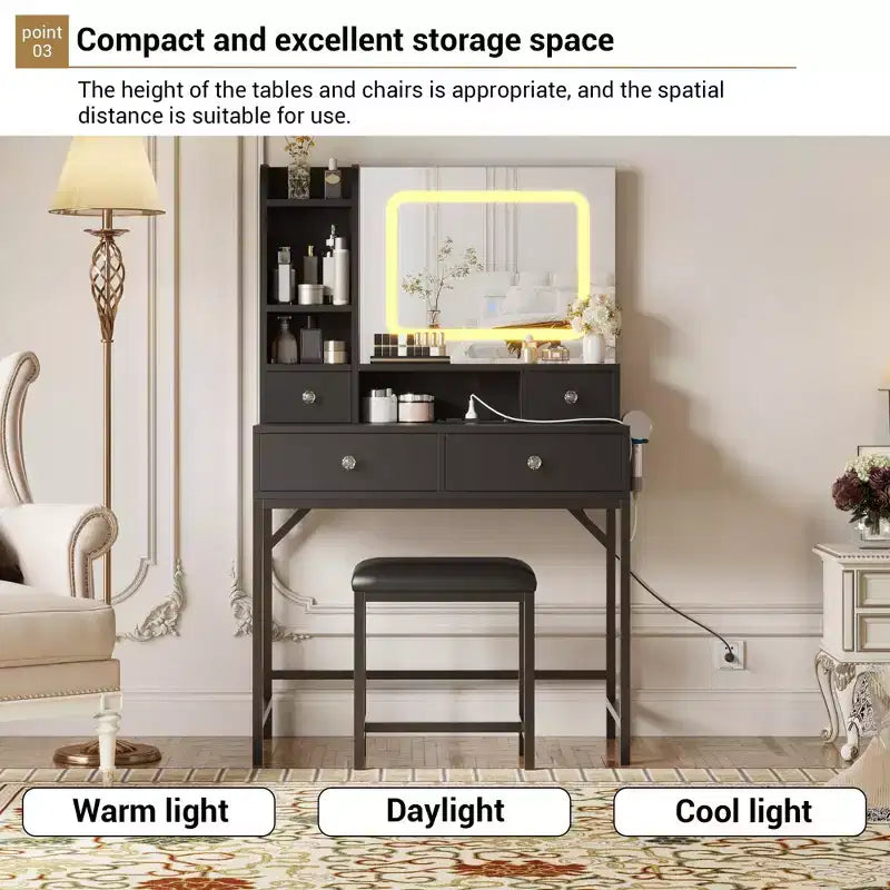Coiffeuse miroir avec éclairage réglable sur trois niveaux Coiffeuse moderne avec quatre tiroirs