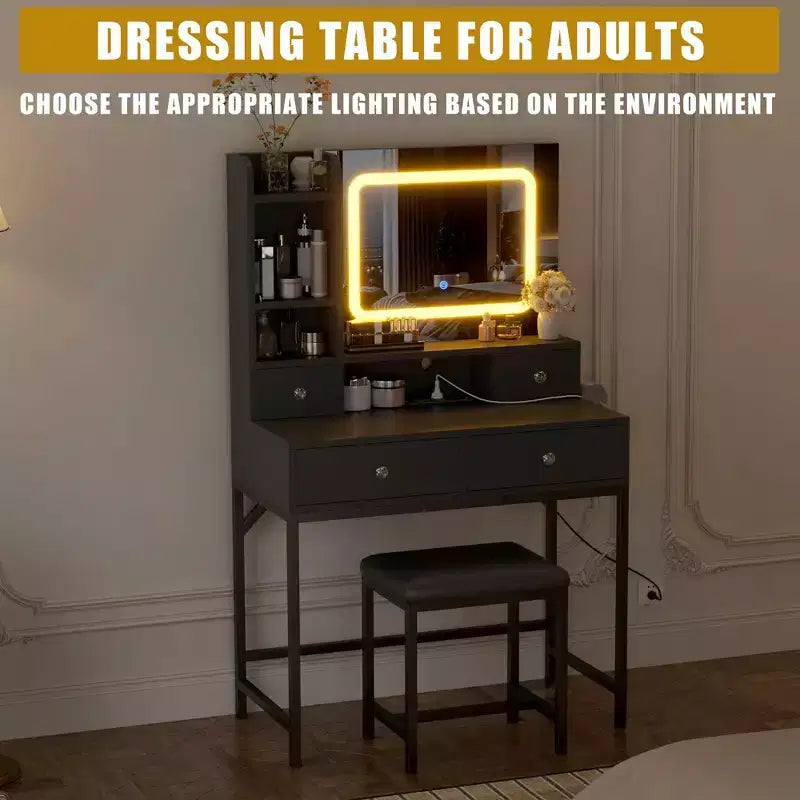 Coiffeuse miroir avec éclairage réglable sur trois niveaux Coiffeuse moderne avec quatre tiroirs