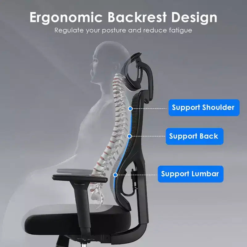 Chaise de bureau ergonomique Okak, chaise de bureau en maille avec appui-tête, support lombaire et accoudoirs réglables, chaise de jeu à dossier haut pour le bureau, la maison