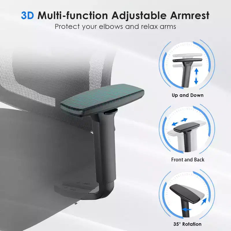Chaise de bureau ergonomique Okak, chaise de bureau en maille avec appui-tête, support lombaire et accoudoirs réglables, chaise de jeu à dossier haut pour le bureau, la maison