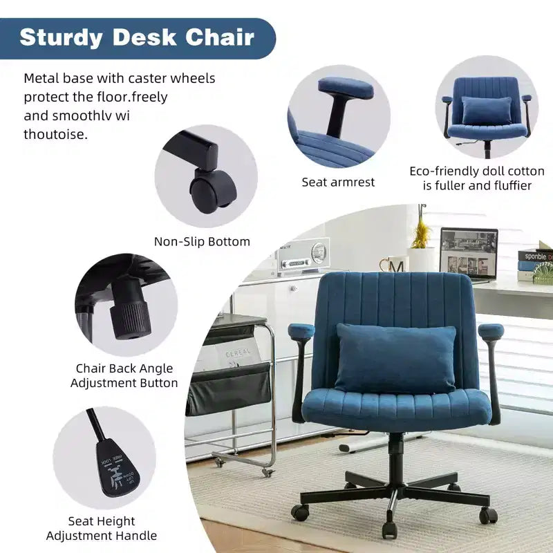 Chaise de bureau moderne en velours Okak avec dossier rembourré, chaise de bureau avec accoudoir et dossier réglables, chaise confortable pour le bureau, l'étude