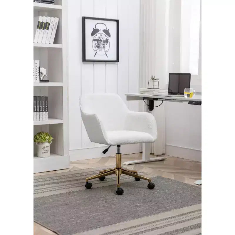 Chaise de bureau Okak Teddy avec base en métal doré, chaise pivotante avec hauteur réglable et roue universelle, chaise de bureau pour le bureau, l'étude