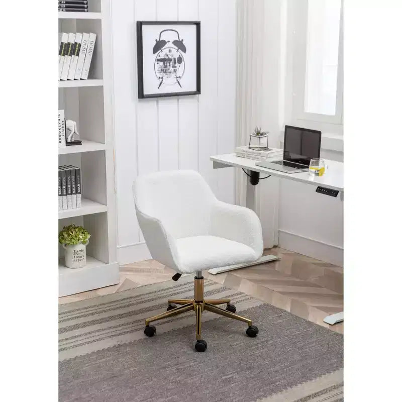 Chaise de bureau Okak Teddy avec base en métal doré, chaise pivotante avec hauteur réglable et roue universelle, chaise de bureau pour le bureau, l'étude