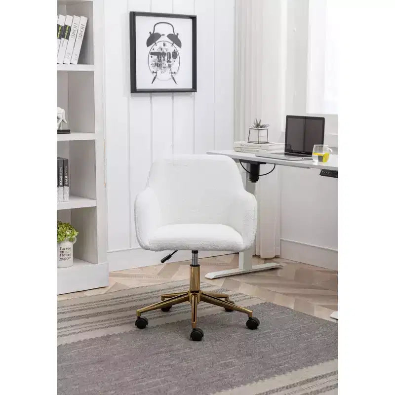 Chaise de bureau Okak Teddy avec base en métal doré, chaise pivotante avec hauteur réglable et roue universelle, chaise de bureau pour le bureau, l'étude