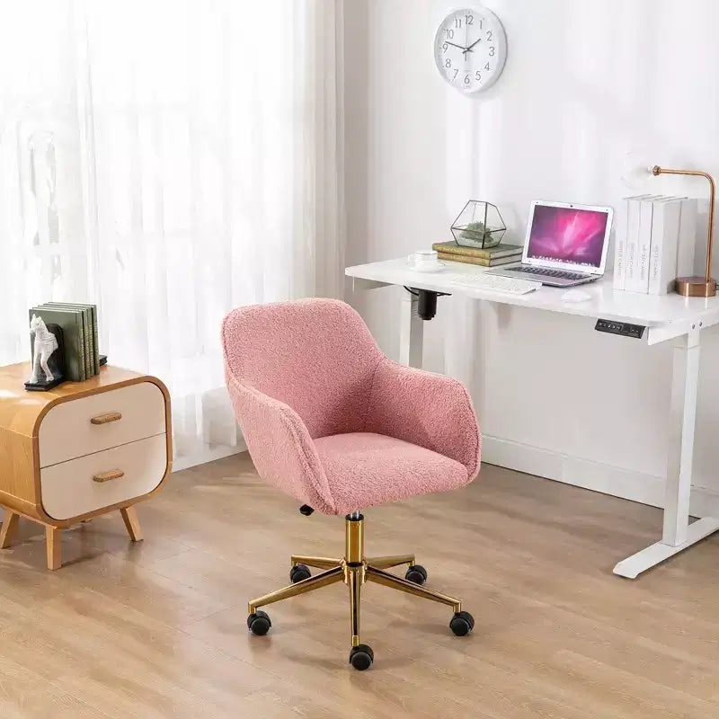 Chaise de bureau Okak Teddy avec base en métal doré, chaise pivotante avec hauteur réglable et roue universelle, chaise de bureau pour le bureau, l'étude