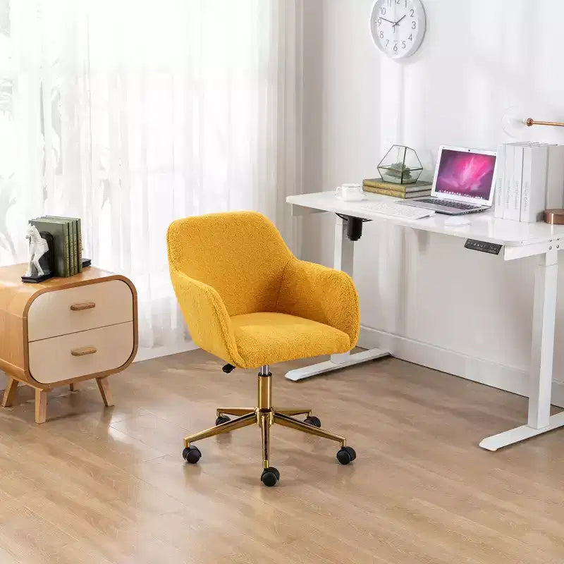 Chaise de bureau Okak Teddy avec base en métal doré, chaise pivotante avec hauteur réglable et roue universelle, chaise de bureau pour le bureau, l'étude