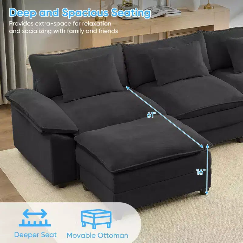 Mjkone Canapé modulaire sectionnel en forme de U de 118 pouces, canapé-lit nuage en chenille à 5 places avec ottomans et coussin épaissi