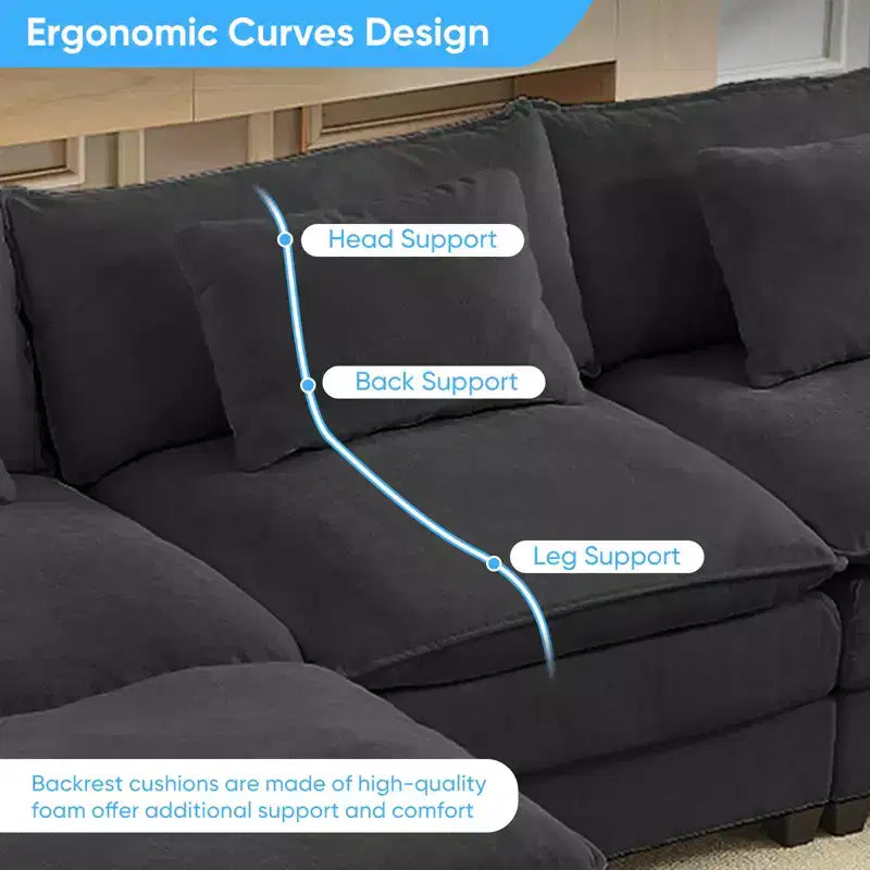 Mjkone Canapé modulaire sectionnel en forme de U de 118 pouces, canapé-lit nuage en chenille à 5 places avec ottomans et coussin épaissi